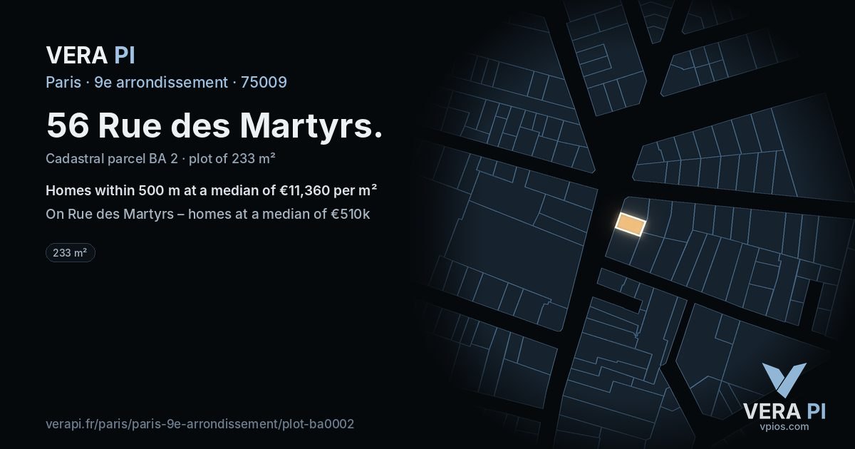 56 Rue des Martyrs, 9e arrondissement at night – the plot lit, the parcels around coloured by the prices near them
