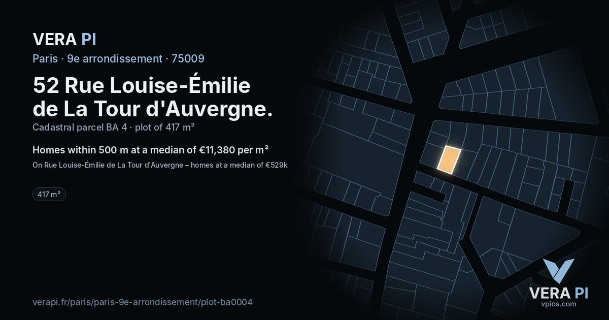 52 Rue Louise-Émilie de La Tour d'Auvergne, 9e arrondissement at night – the plot lit, the parcels around coloured by the prices near them
