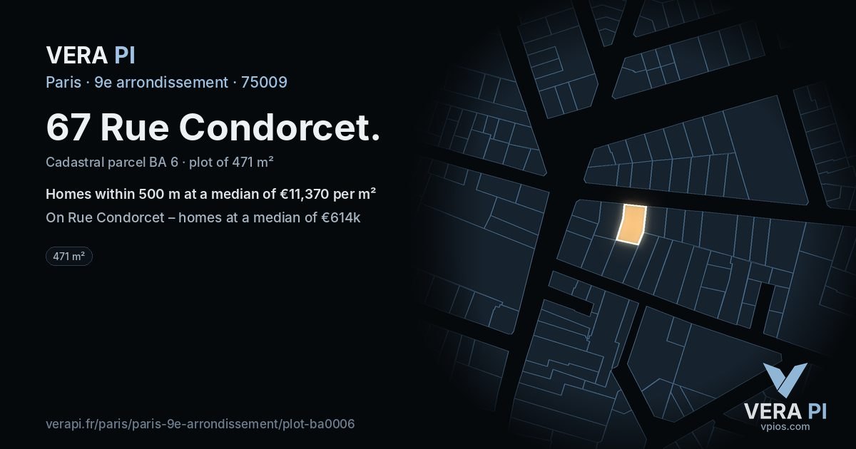 67 Rue Condorcet, 9e arrondissement at night – the plot lit, the parcels around coloured by the prices near them