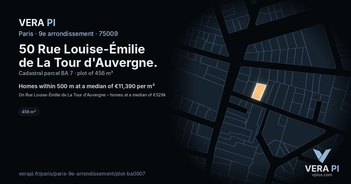 50 Rue Louise-Émilie de La Tour d'Auvergne, 9e arrondissement at night – the plot lit, the parcels around coloured by the prices near them