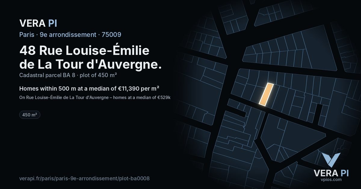 48 Rue Louise-Émilie de La Tour d'Auvergne, 9e arrondissement at night – the plot lit, the parcels around coloured by the prices near them