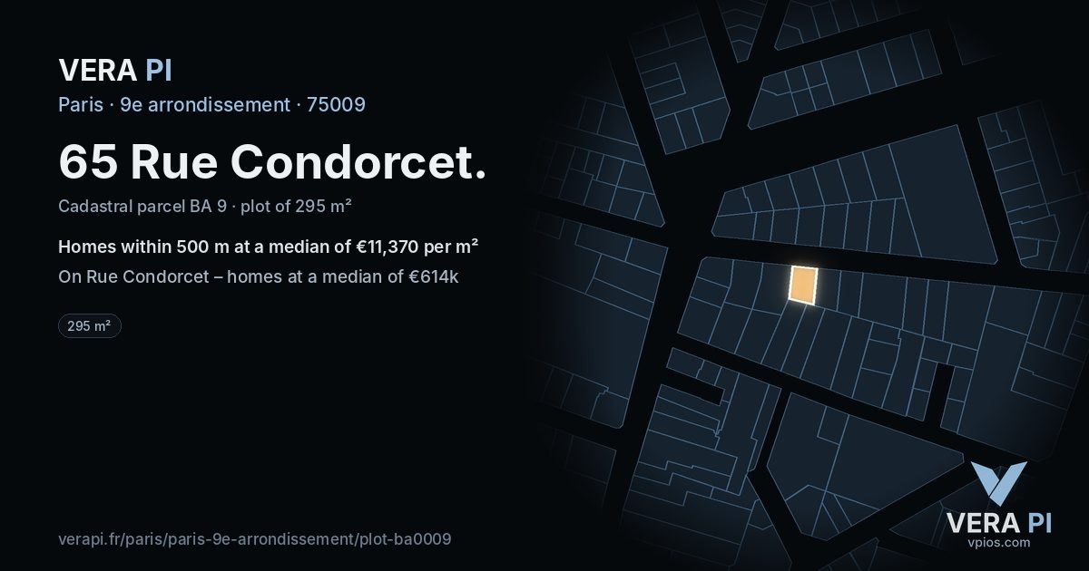 65 Rue Condorcet, 9e arrondissement at night – the plot lit, the parcels around coloured by the prices near them