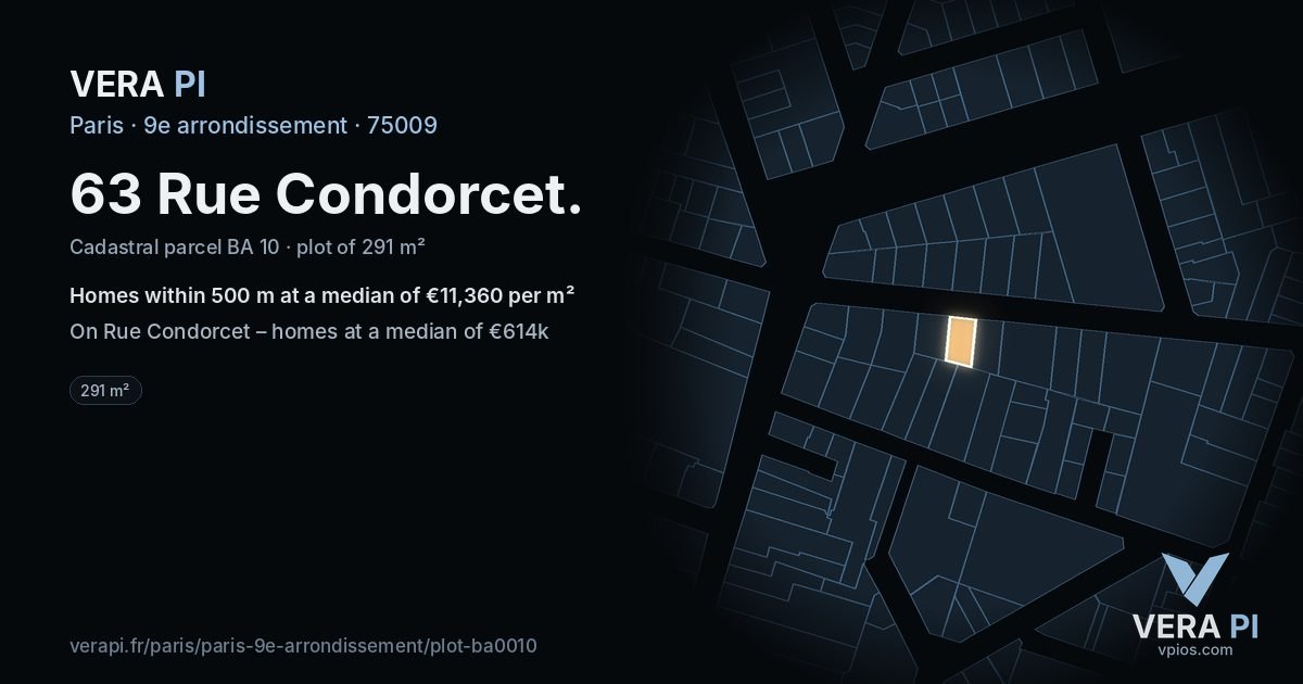 63 Rue Condorcet, 9e arrondissement at night – the plot lit, the parcels around coloured by the prices near them