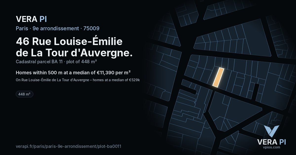 46 Rue Louise-Émilie de La Tour d'Auvergne, 9e arrondissement at night – the plot lit, the parcels around coloured by the prices near them