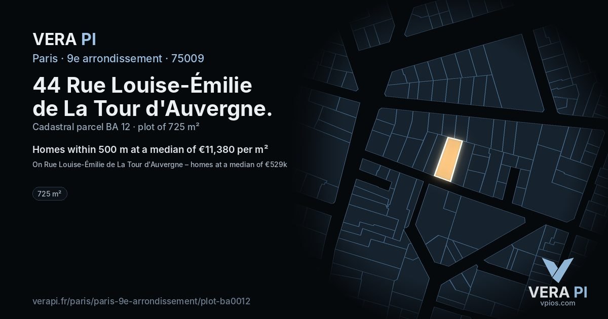 44 Rue Louise-Émilie de La Tour d'Auvergne, 9e arrondissement at night – the plot lit, the parcels around coloured by the prices near them