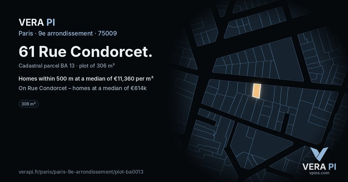 61 Rue Condorcet, 9e arrondissement at night – the plot lit, the parcels around coloured by the prices near them