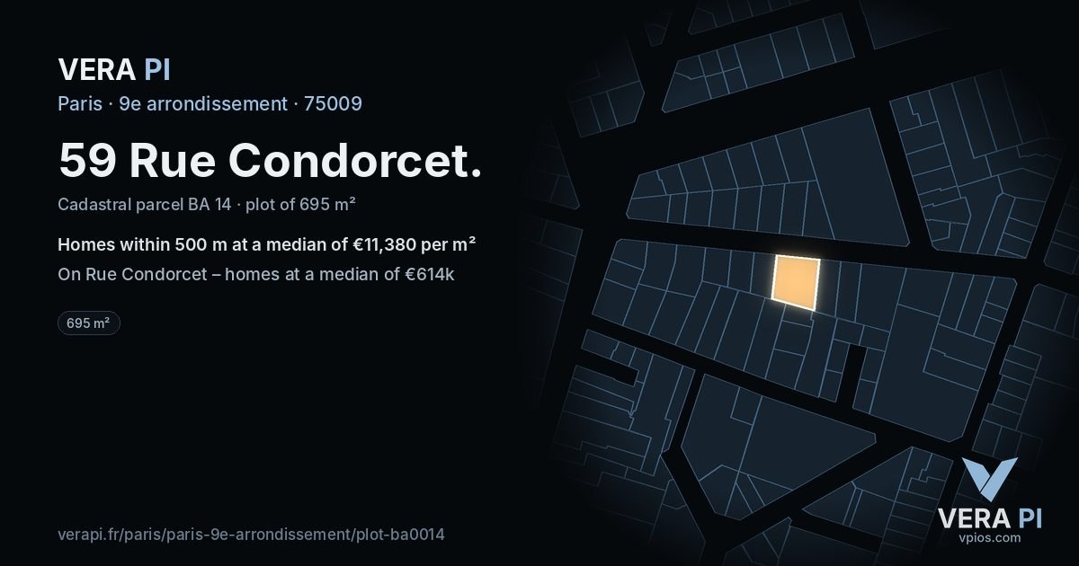 59 Rue Condorcet, 9e arrondissement at night – the plot lit, the parcels around coloured by the prices near them