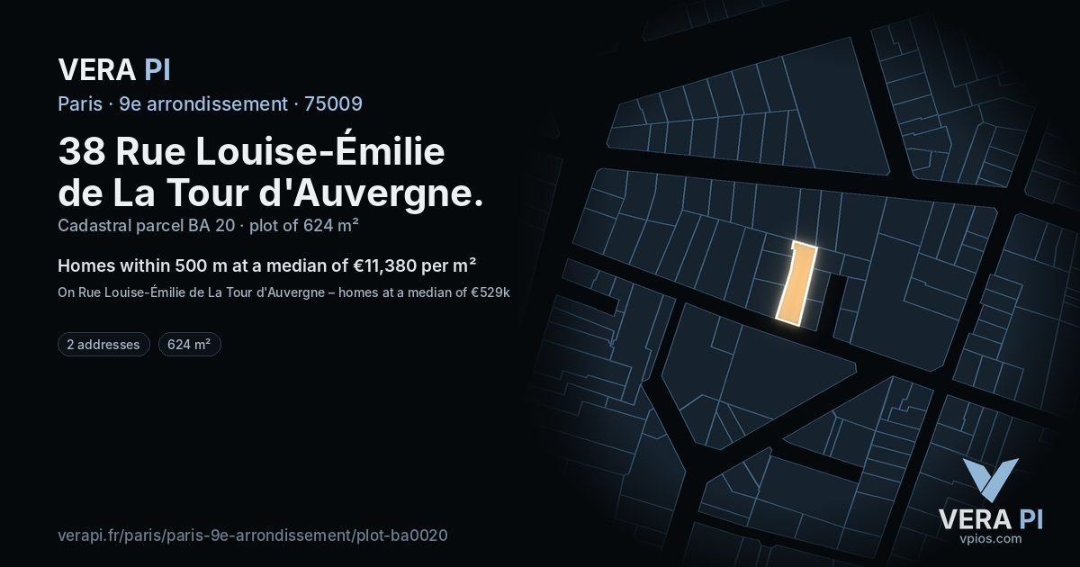 38 Rue Louise-Émilie de La Tour d'Auvergne, 9e arrondissement at night – the plot lit, the parcels around coloured by the prices near them