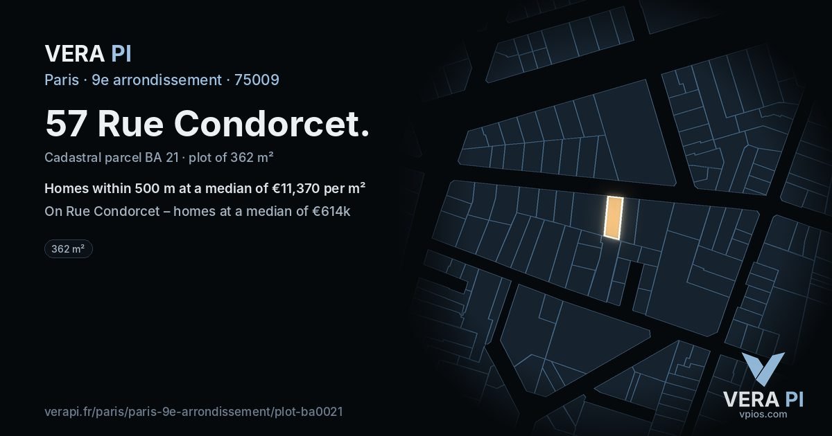 57 Rue Condorcet, 9e arrondissement at night – the plot lit, the parcels around coloured by the prices near them