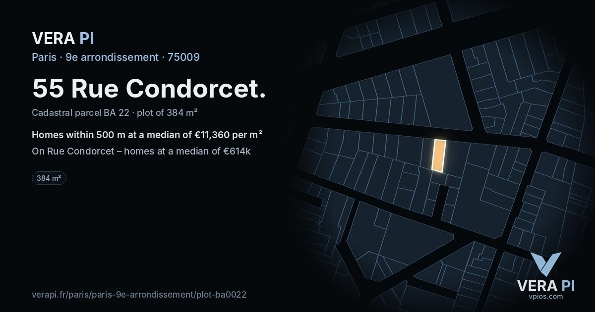 55 Rue Condorcet, 9e arrondissement at night – the plot lit, the parcels around coloured by the prices near them