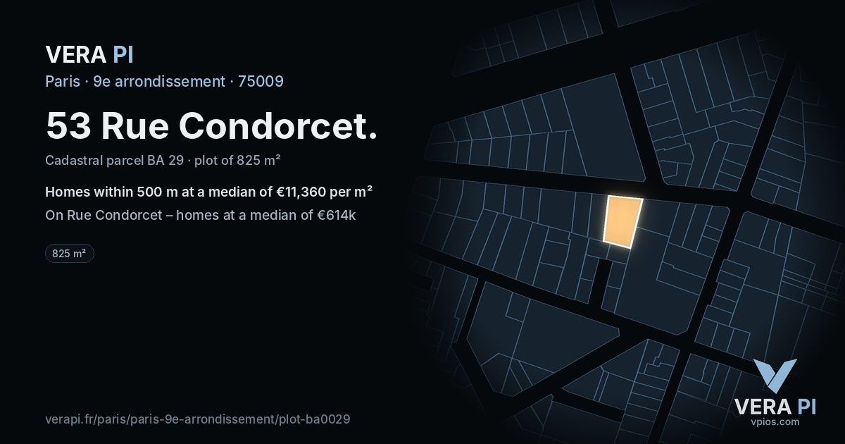 53 Rue Condorcet, 9e arrondissement at night – the plot lit, the parcels around coloured by the prices near them