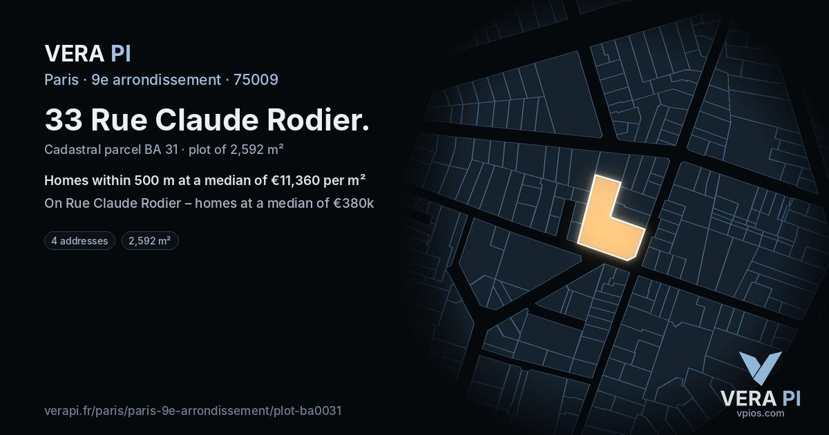 33 Rue Claude Rodier, 9e arrondissement at night – the plot lit, the parcels around coloured by the prices near them