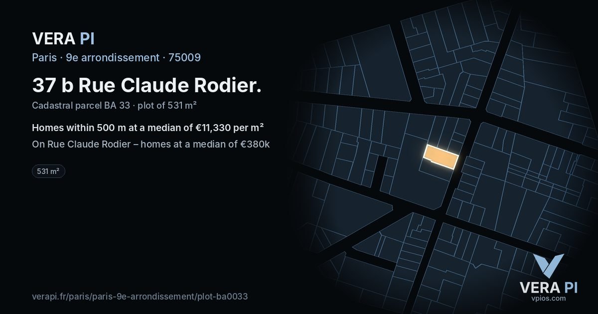 37 b Rue Claude Rodier, 9e arrondissement at night – the plot lit, the parcels around coloured by the prices near them