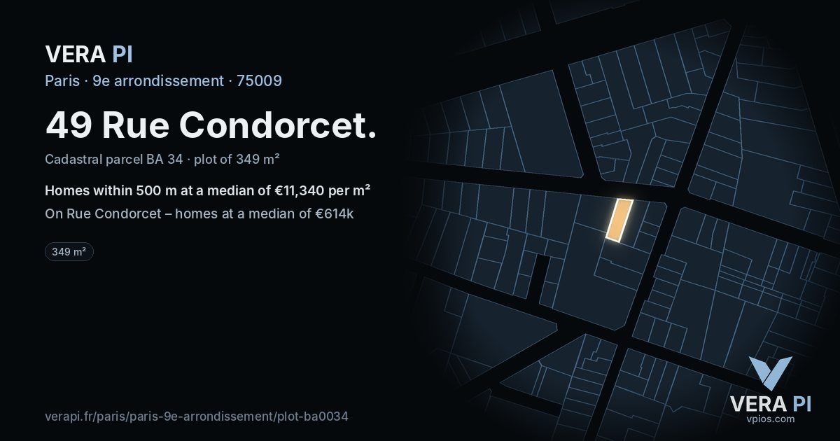 49 Rue Condorcet, 9e arrondissement at night – the plot lit, the parcels around coloured by the prices near them