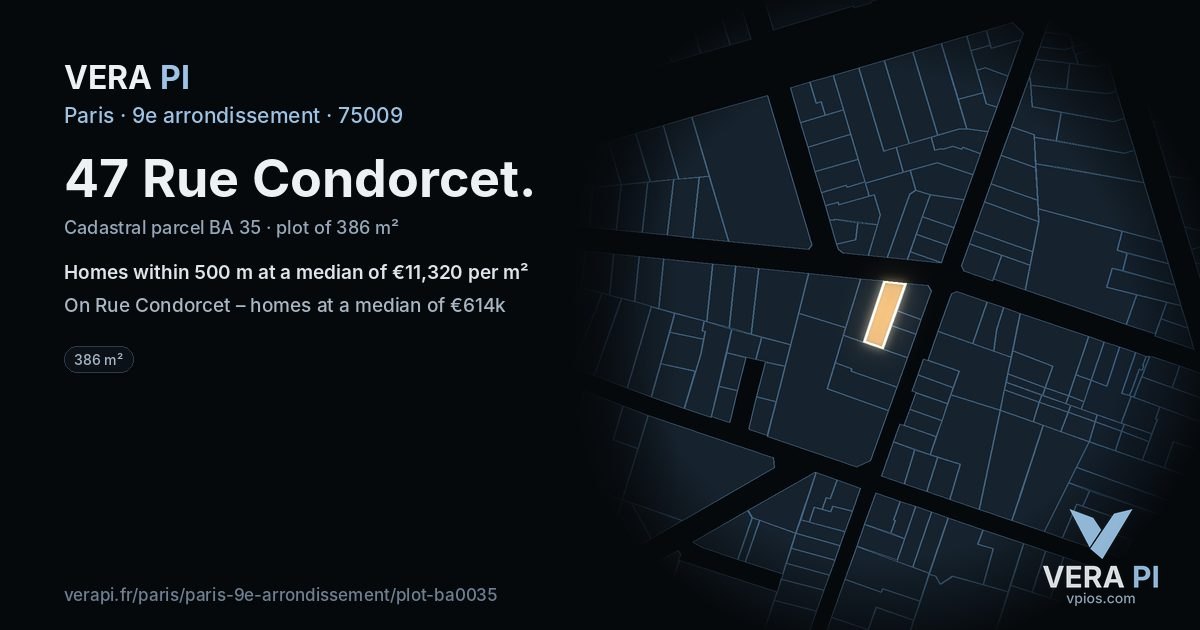 47 Rue Condorcet, 9e arrondissement at night – the plot lit, the parcels around coloured by the prices near them