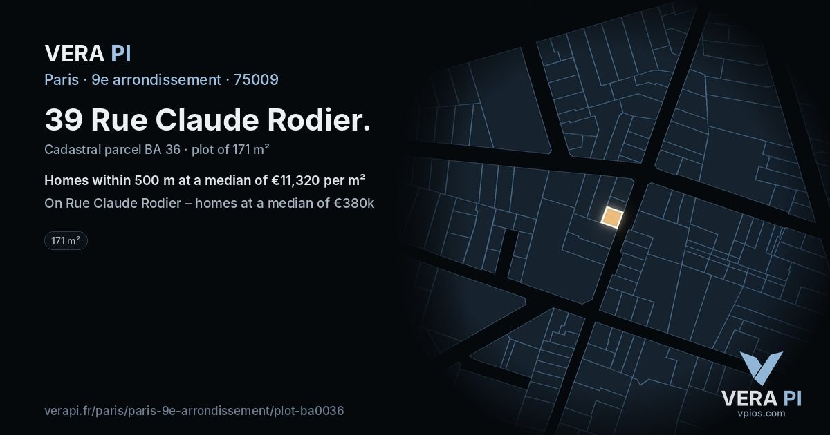 39 Rue Claude Rodier, 9e arrondissement at night – the plot lit, the parcels around coloured by the prices near them