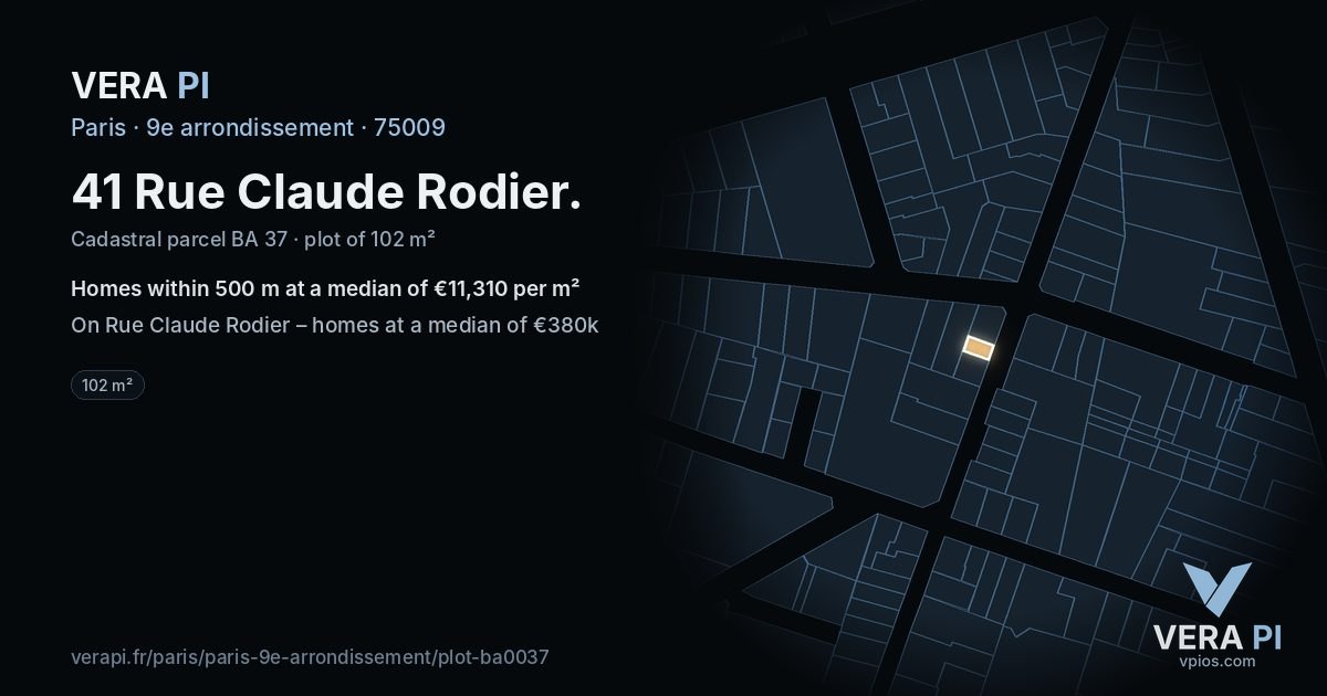 41 Rue Claude Rodier, 9e arrondissement at night – the plot lit, the parcels around coloured by the prices near them