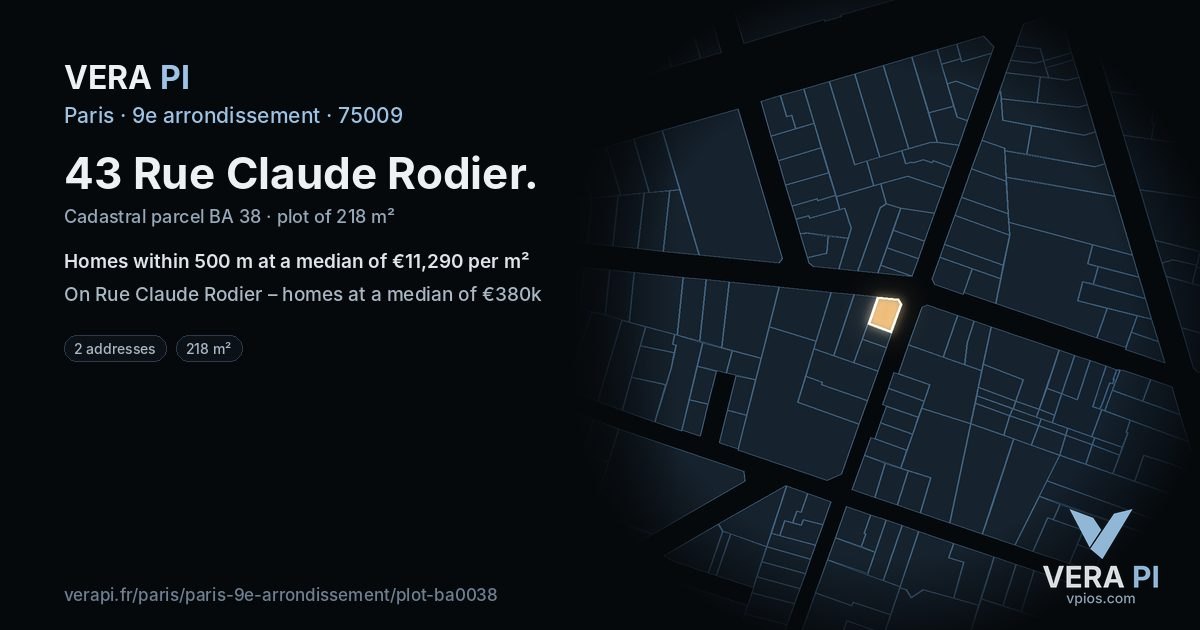 43 Rue Claude Rodier, 9e arrondissement at night – the plot lit, the parcels around coloured by the prices near them