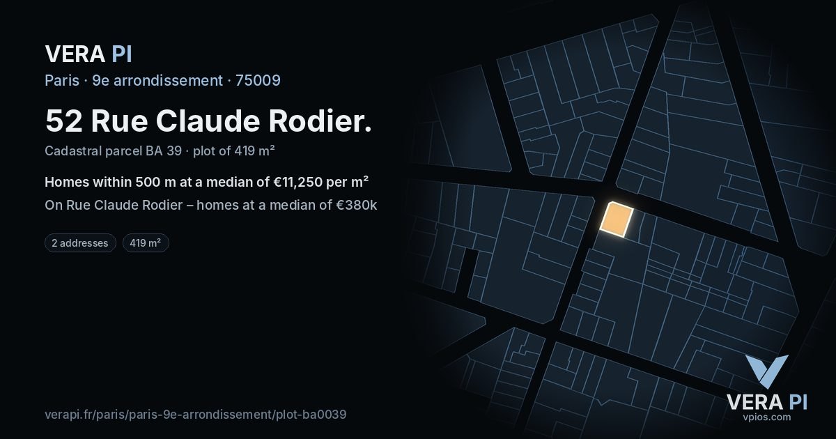 52 Rue Claude Rodier, 9e arrondissement at night – the plot lit, the parcels around coloured by the prices near them