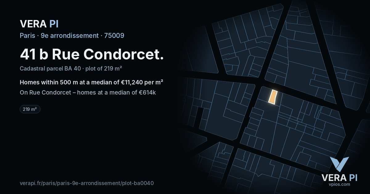 41 b Rue Condorcet, 9e arrondissement at night – the plot lit, the parcels around coloured by the prices near them