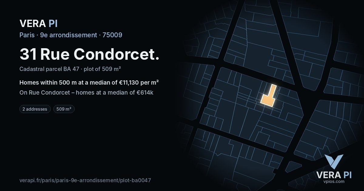 31 Rue Condorcet, 9e arrondissement at night – the plot lit, the parcels around coloured by the prices near them