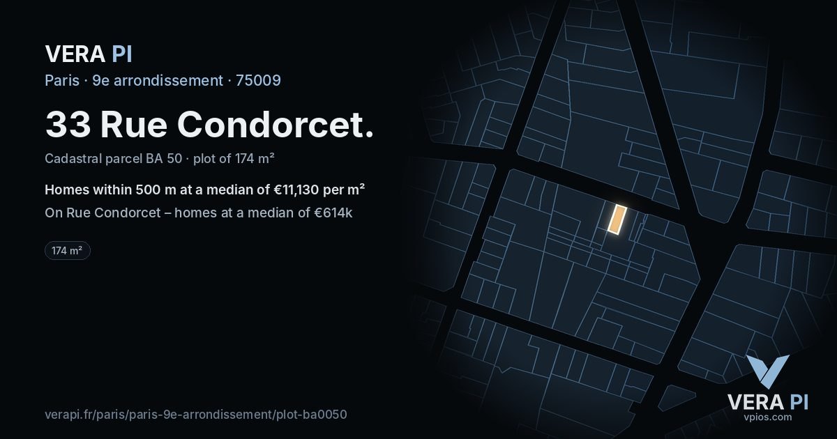 33 Rue Condorcet, 9e arrondissement at night – the plot lit, the parcels around coloured by the prices near them