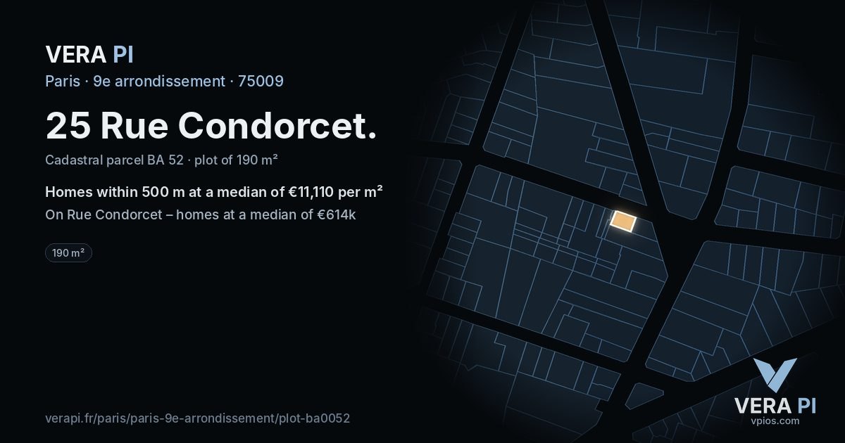 25 Rue Condorcet, 9e arrondissement at night – the plot lit, the parcels around coloured by the prices near them