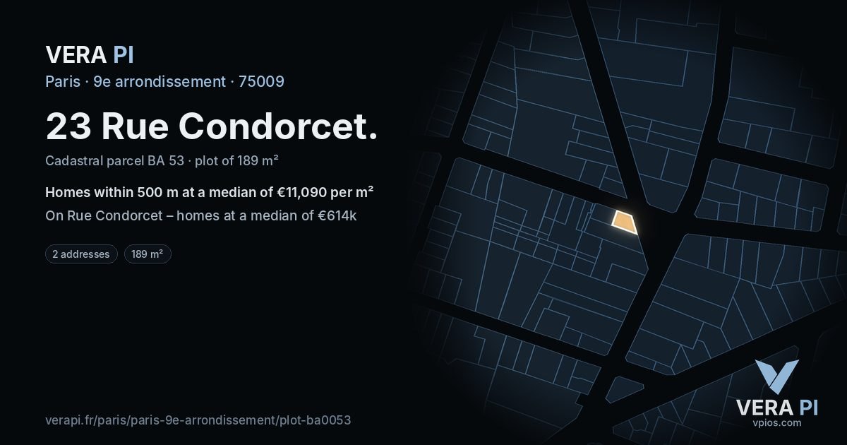 23 Rue Condorcet, 9e arrondissement at night – the plot lit, the parcels around coloured by the prices near them