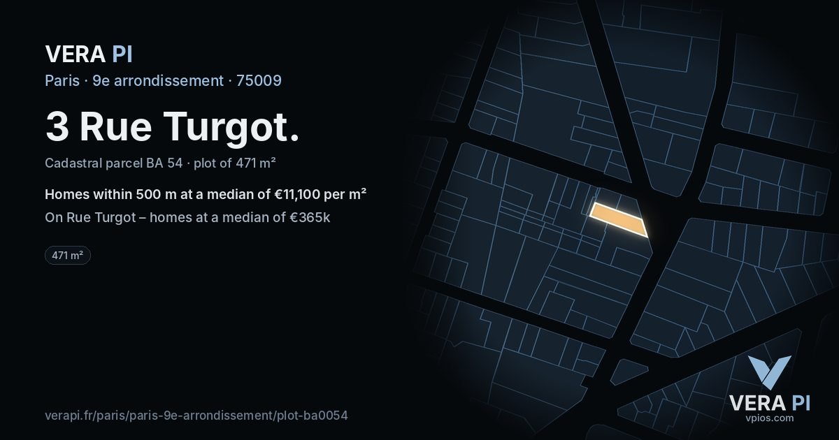 3 Rue Turgot, 9e arrondissement at night – the plot lit, the parcels around coloured by the prices near them