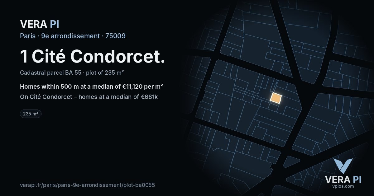 1 Cité Condorcet, 9e arrondissement at night – the plot lit, the parcels around coloured by the prices near them