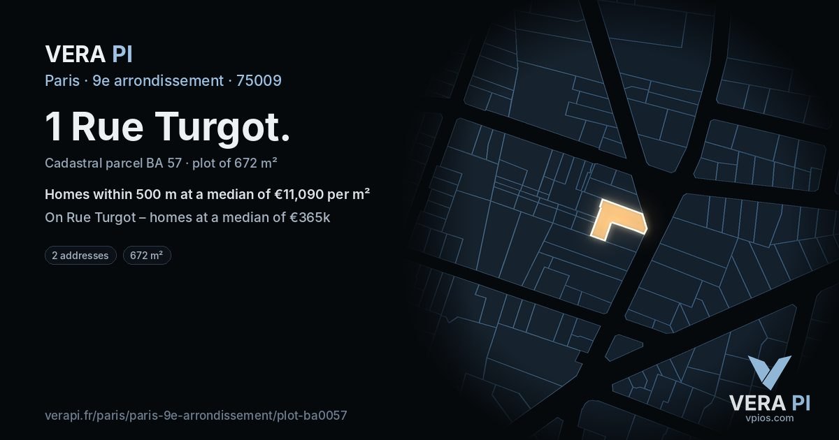 1 Rue Turgot, 9e arrondissement at night – the plot lit, the parcels around coloured by the prices near them