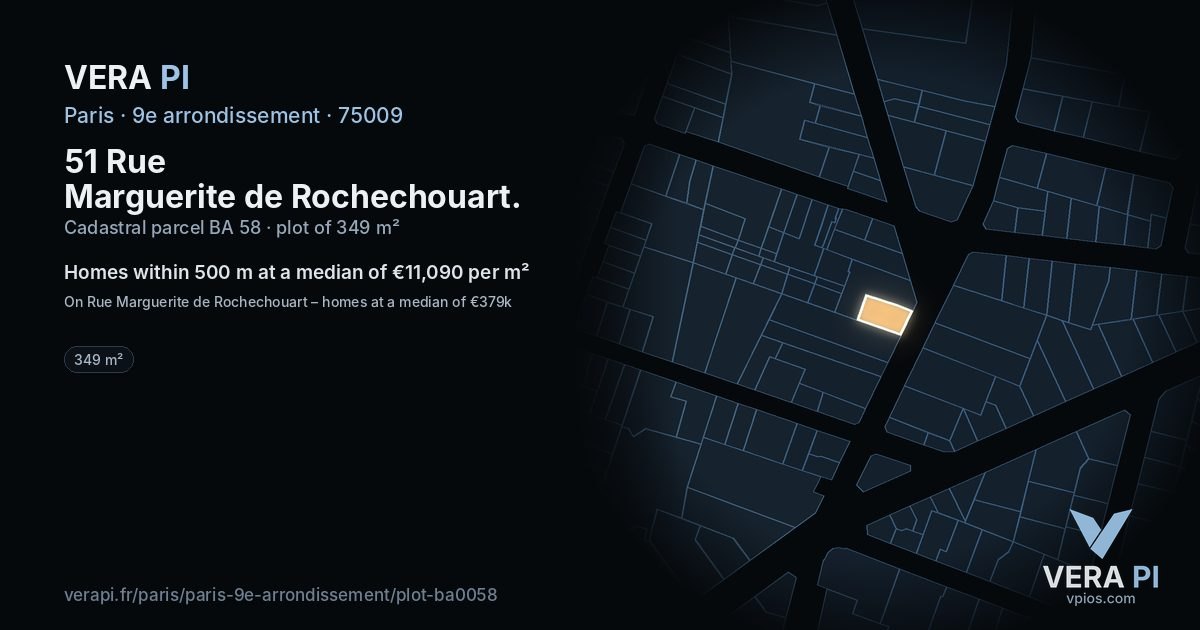 51 Rue Marguerite de Rochechouart, 9e arrondissement at night – the plot lit, the parcels around coloured by the prices near them