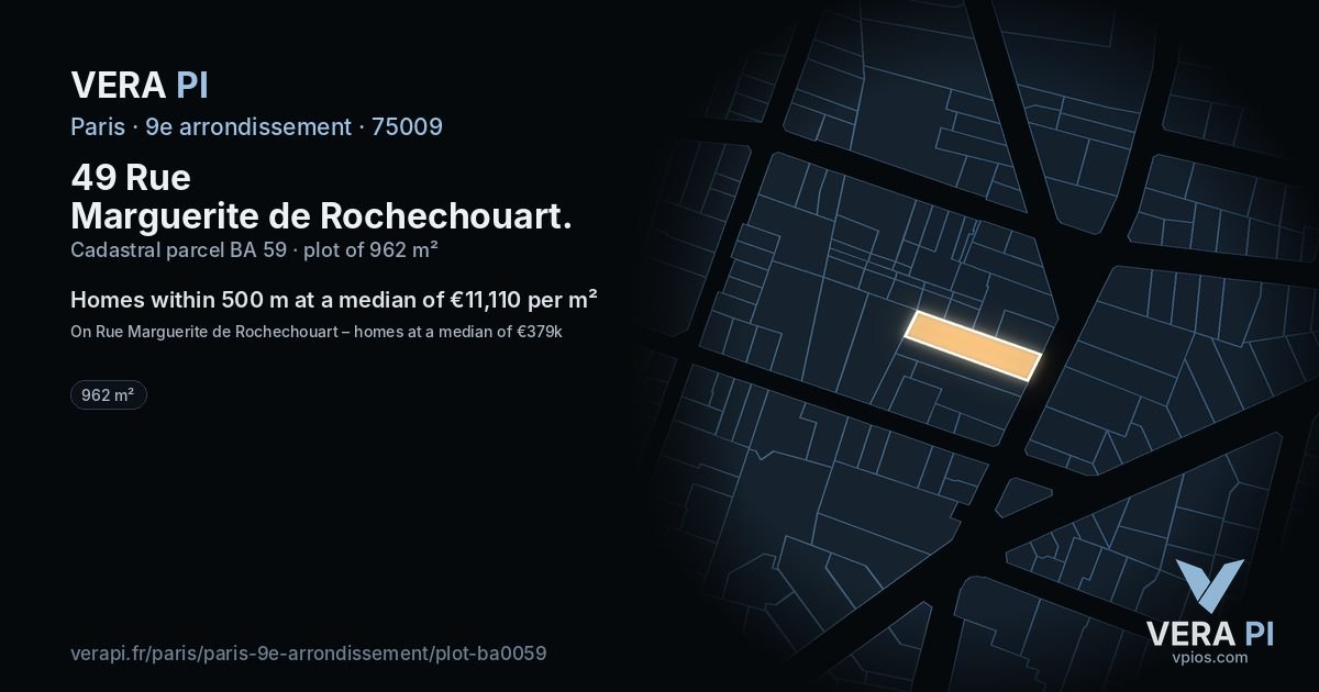 49 Rue Marguerite de Rochechouart, 9e arrondissement at night – the plot lit, the parcels around coloured by the prices near them