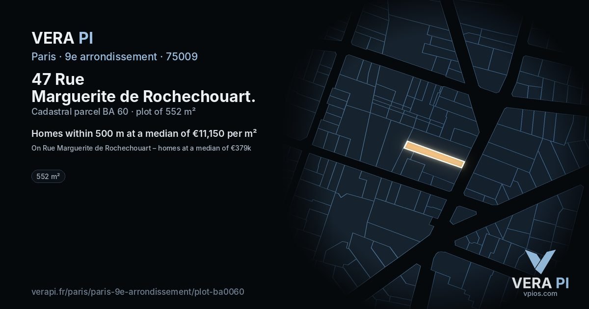 47 Rue Marguerite de Rochechouart, 9e arrondissement at night – the plot lit, the parcels around coloured by the prices near them