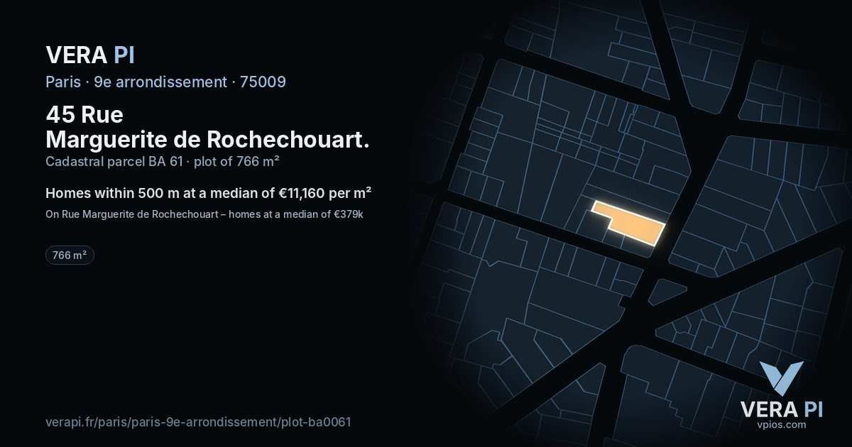 45 Rue Marguerite de Rochechouart, 9e arrondissement at night – the plot lit, the parcels around coloured by the prices near them