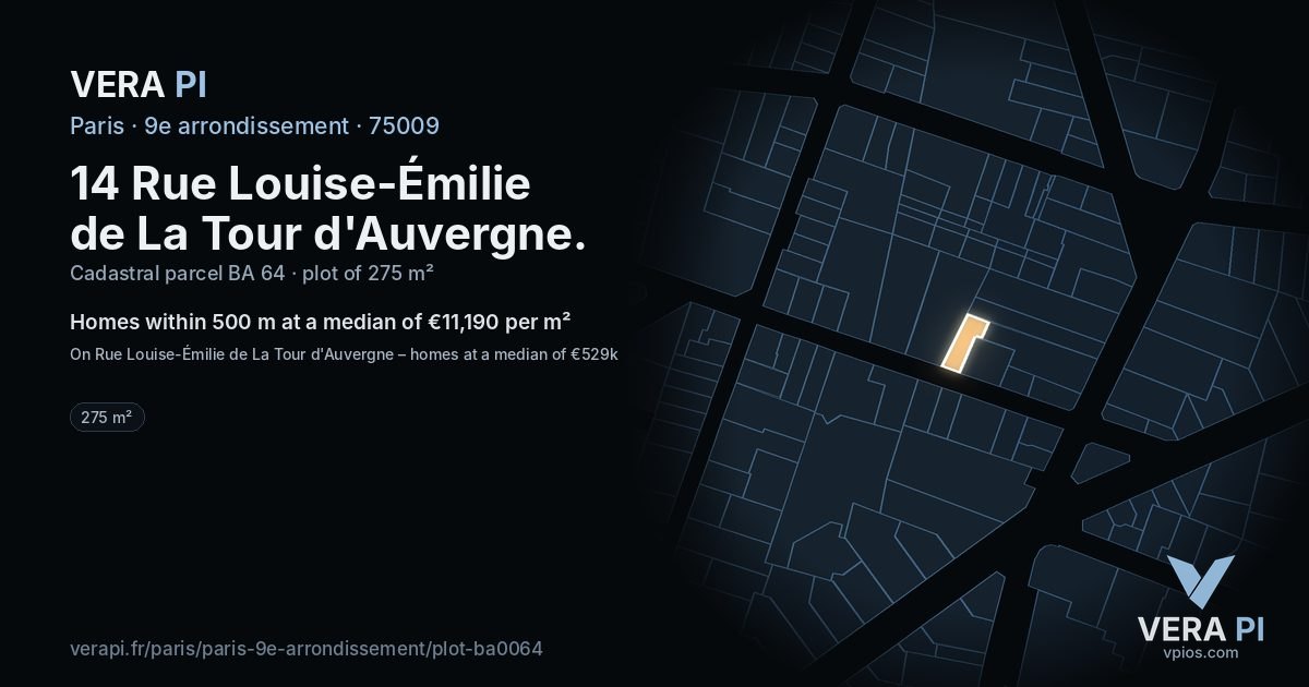 14 Rue Louise-Émilie de La Tour d'Auvergne, 9e arrondissement at night – the plot lit, the parcels around coloured by the prices near them