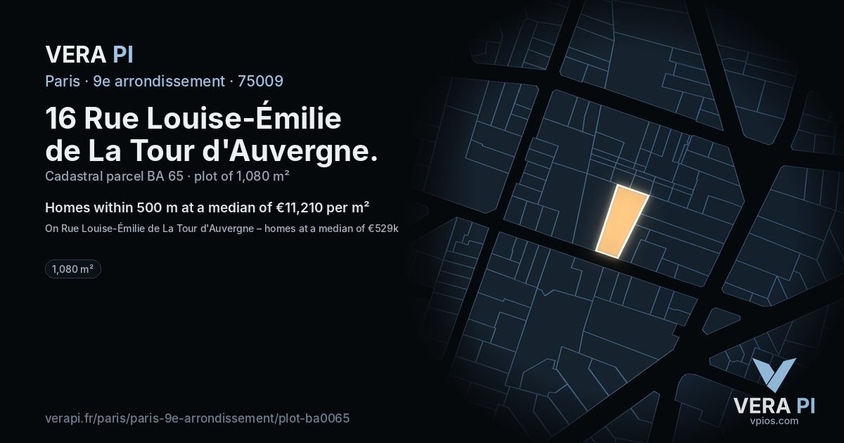 16 Rue Louise-Émilie de La Tour d'Auvergne, 9e arrondissement at night – the plot lit, the parcels around coloured by the prices near them