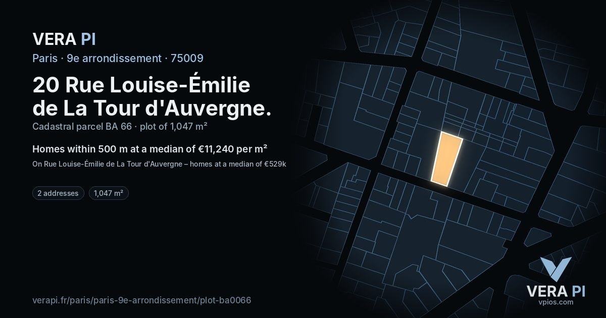 20 Rue Louise-Émilie de La Tour d'Auvergne, 9e arrondissement at night – the plot lit, the parcels around coloured by the prices near them