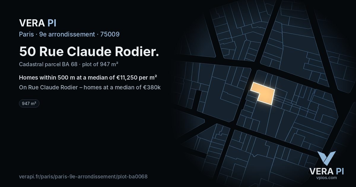 50 Rue Claude Rodier, 9e arrondissement at night – the plot lit, the parcels around coloured by the prices near them