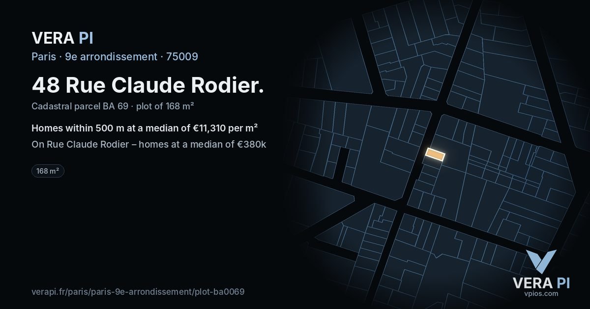48 Rue Claude Rodier, 9e arrondissement at night – the plot lit, the parcels around coloured by the prices near them