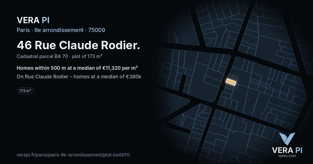 46 Rue Claude Rodier, 9e arrondissement at night – the plot lit, the parcels around coloured by the prices near them