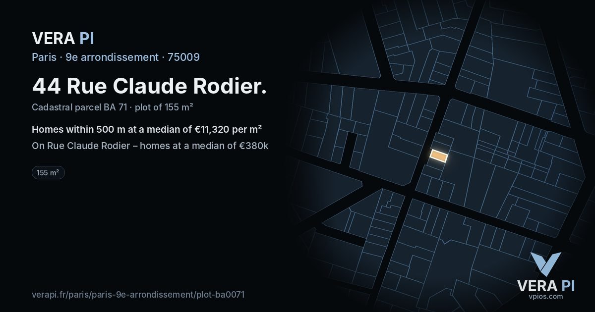44 Rue Claude Rodier, 9e arrondissement at night – the plot lit, the parcels around coloured by the prices near them