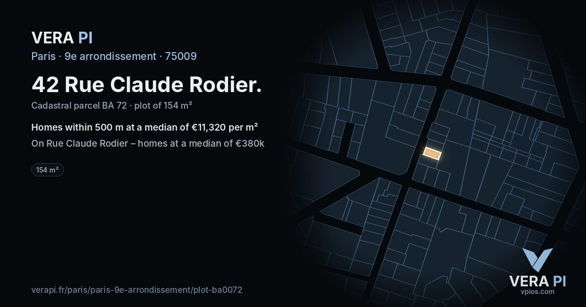 42 Rue Claude Rodier, 9e arrondissement at night – the plot lit, the parcels around coloured by the prices near them