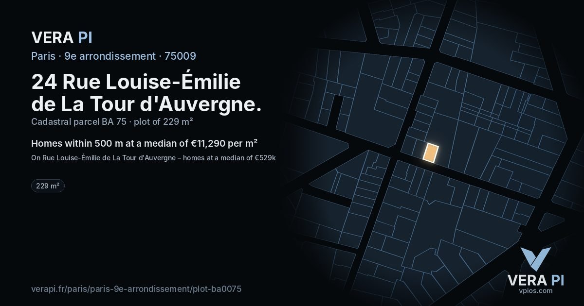 24 Rue Louise-Émilie de La Tour d'Auvergne, 9e arrondissement at night – the plot lit, the parcels around coloured by the prices near them