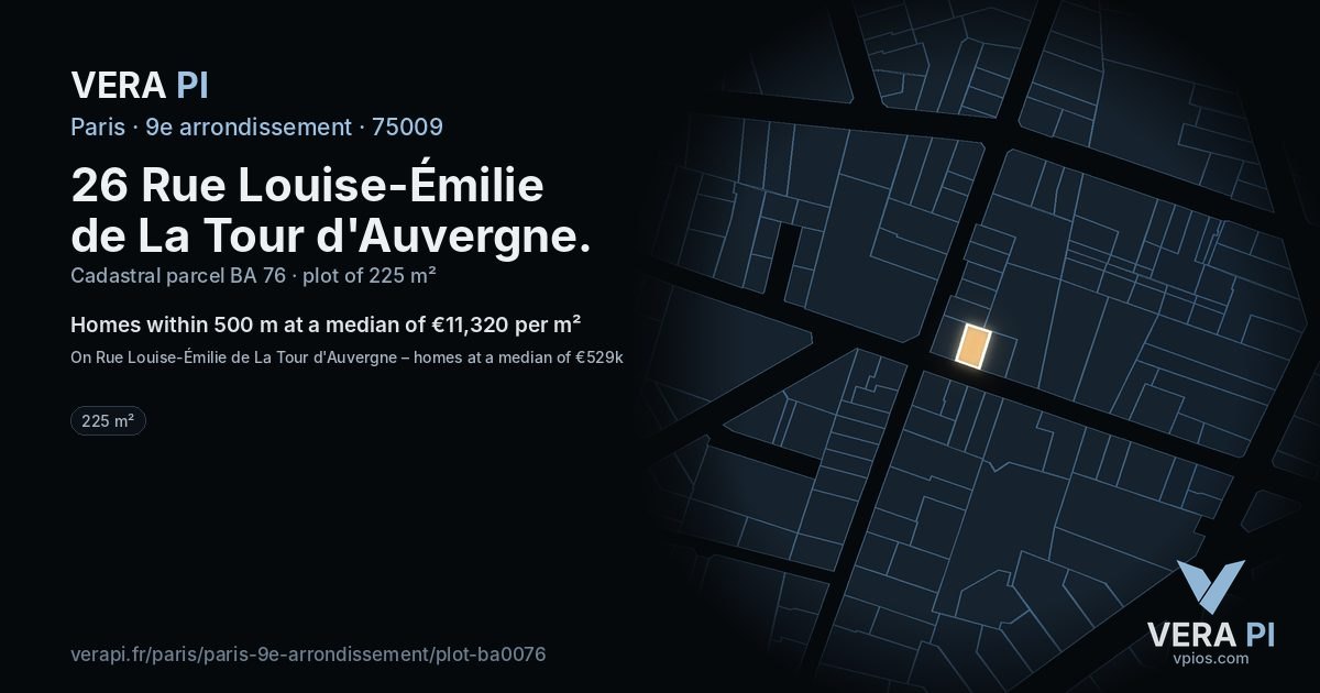 26 Rue Louise-Émilie de La Tour d'Auvergne, 9e arrondissement at night – the plot lit, the parcels around coloured by the prices near them