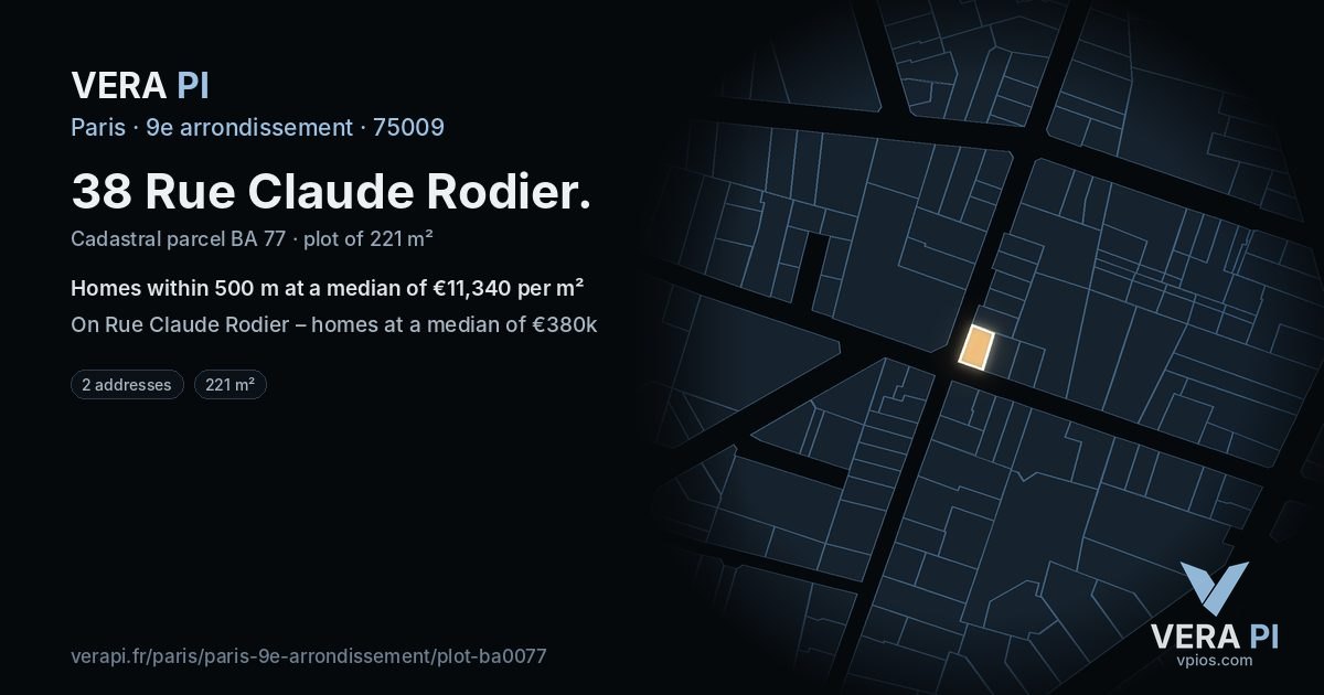 38 Rue Claude Rodier, 9e arrondissement at night – the plot lit, the parcels around coloured by the prices near them