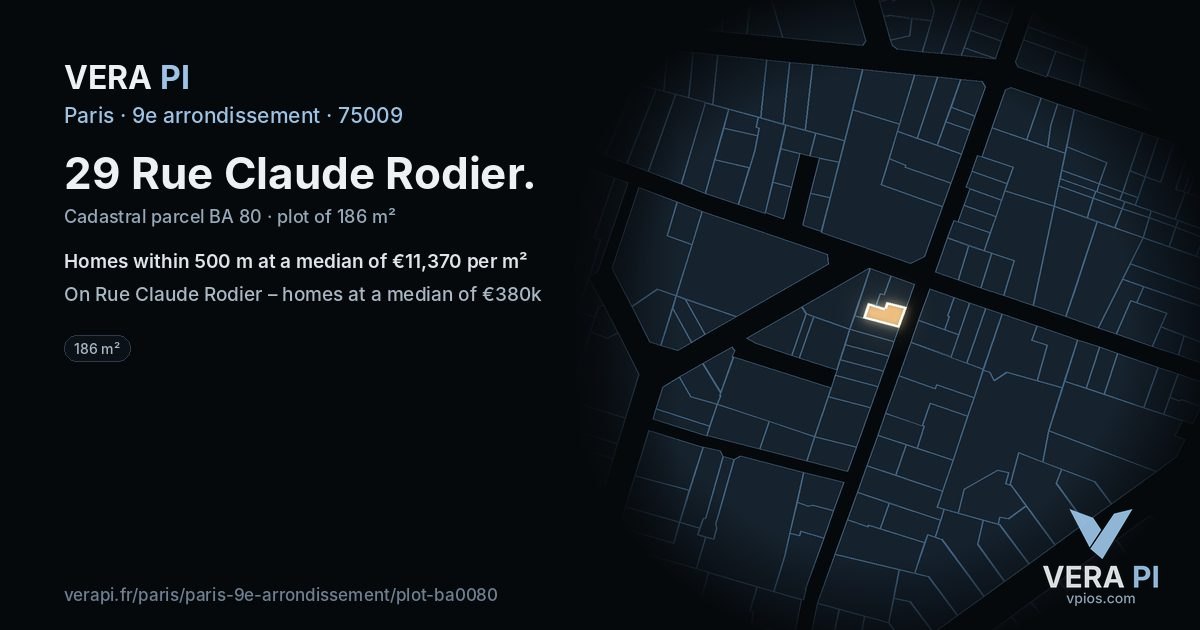 29 Rue Claude Rodier, 9e arrondissement at night – the plot lit, the parcels around coloured by the prices near them