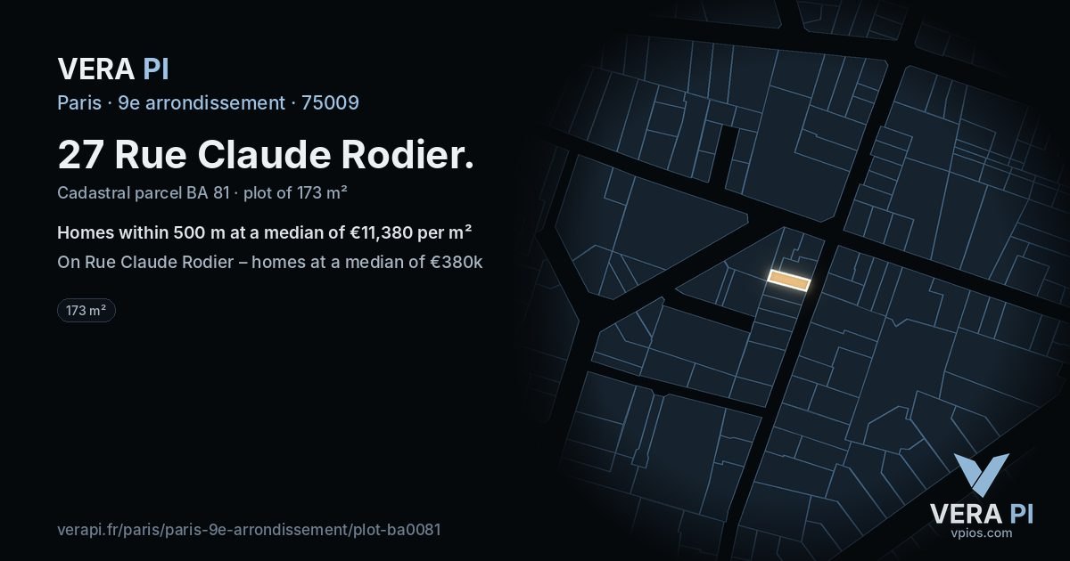 27 Rue Claude Rodier, 9e arrondissement at night – the plot lit, the parcels around coloured by the prices near them