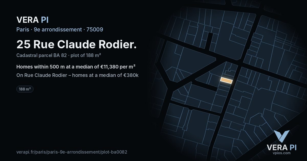 25 Rue Claude Rodier, 9e arrondissement at night – the plot lit, the parcels around coloured by the prices near them