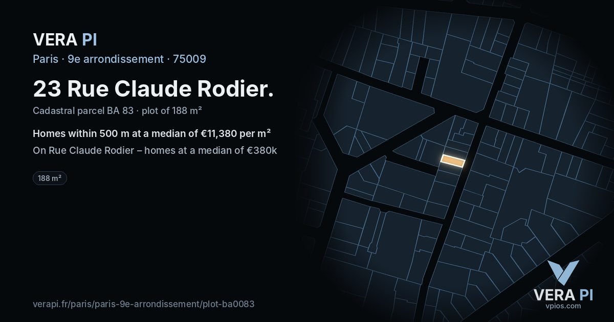 23 Rue Claude Rodier, 9e arrondissement at night – the plot lit, the parcels around coloured by the prices near them